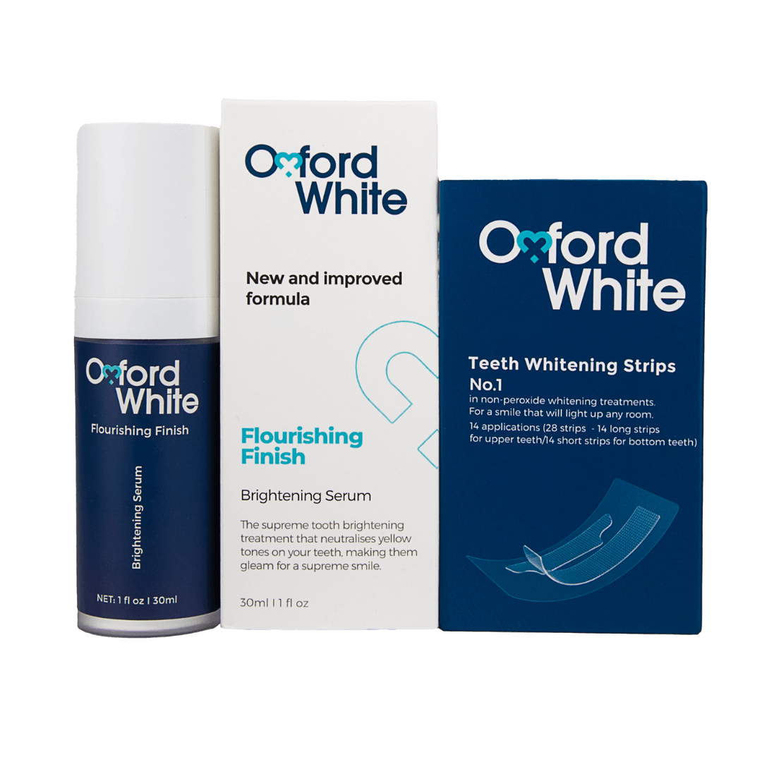 Advanced teeth whitening strips and Flourishing Finish brightening serum bundle