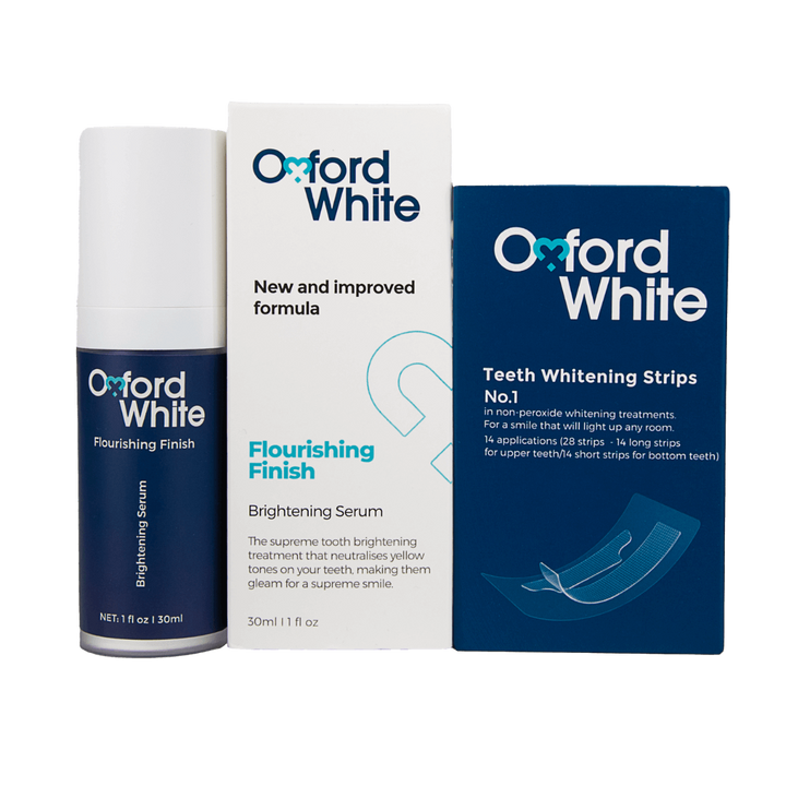 Advanced teeth whitening strips and Flourishing Finish brightening serum bundle